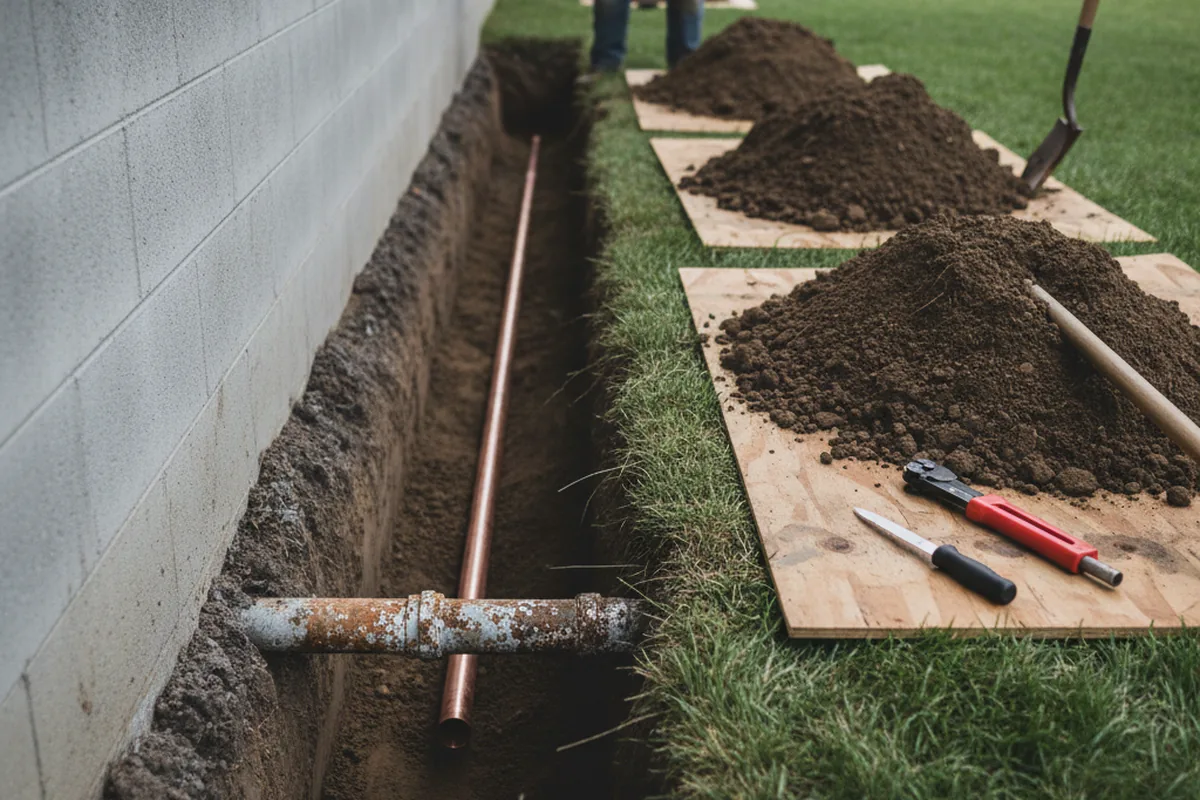 Excavated water line trench during Water Heater Repair in Sealy